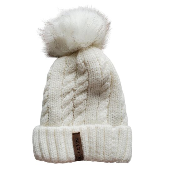 LCZTN White Cable Knit Fleece Lined Pom Beanie Cap OS - Picture 4 of 11